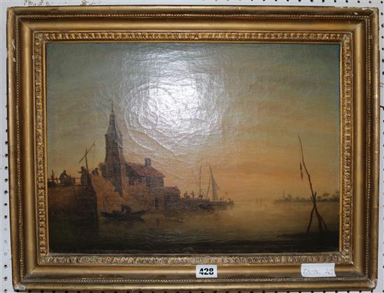 19th century Dutch School, oil,  Estuary scene at sunset(-)